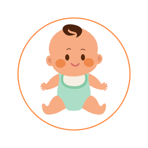 Illustration of a smiling baby with a curl of hair, sitting in a light green onesie inside an orange-bordered circle.