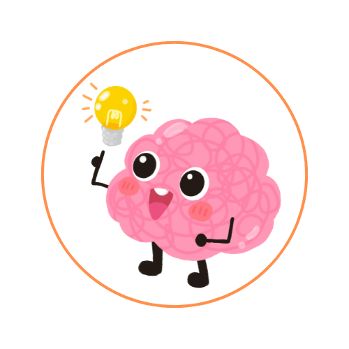 Cartoon brain with legs and arms holds a lit lightbulb, symbolizing a bright idea.