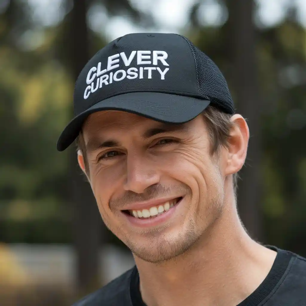 A man smiles while wearing a black cap with the words "Clever Curiosity" written on the front.