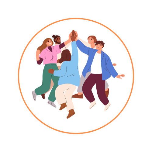 A diverse group of five people, depicted in an animated style, giving high-fives in a circle.