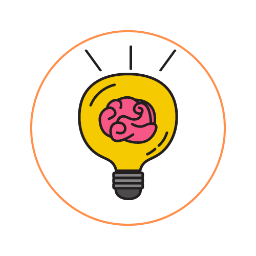An illustration of a light bulb containing a brain, symbolizing the concept of having ideas or intellectual thinking, encircled by an orange ring with three rays emanating from the bulb.