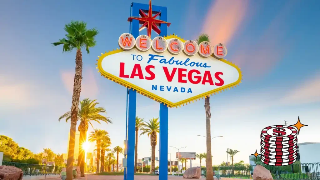 The iconic "Welcome to Fabulous Las Vegas, Nevada" sign is surrounded by palm trees with a sunrise in the background. A stack of casino chips is illustrated on the right, inviting curious minds to ponder Las Vegas trivia questions.